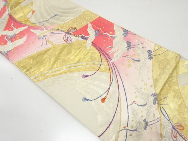 アンティーク　群鶴に組紐・古典柄織り出し袋帯（材料）